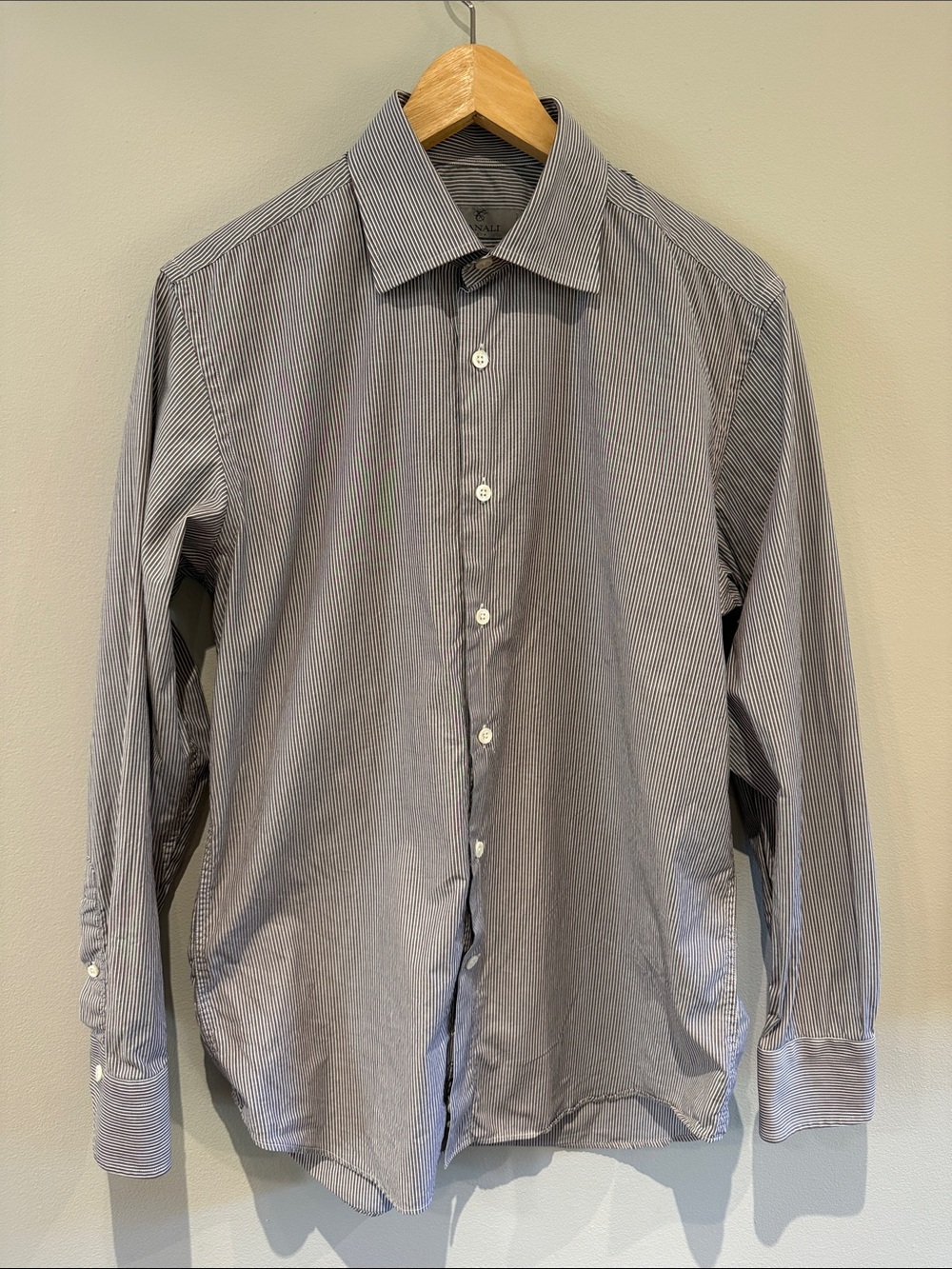 Canali Men's Blue and White Pinstripe Dress Shirt